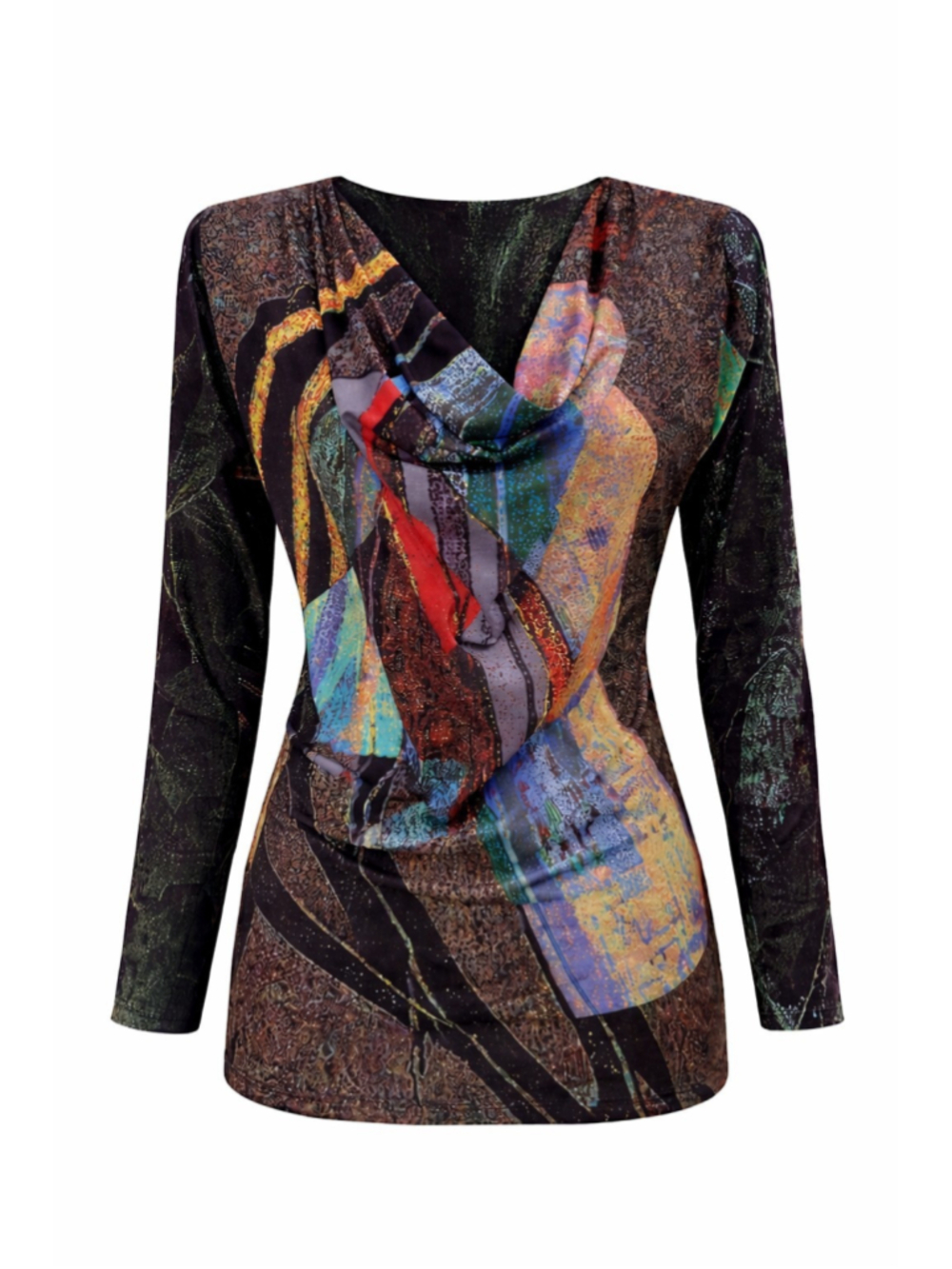 Save The Queen Italy Abstract Print Cowl Neck Stretch Top Long Sleeve Womens L